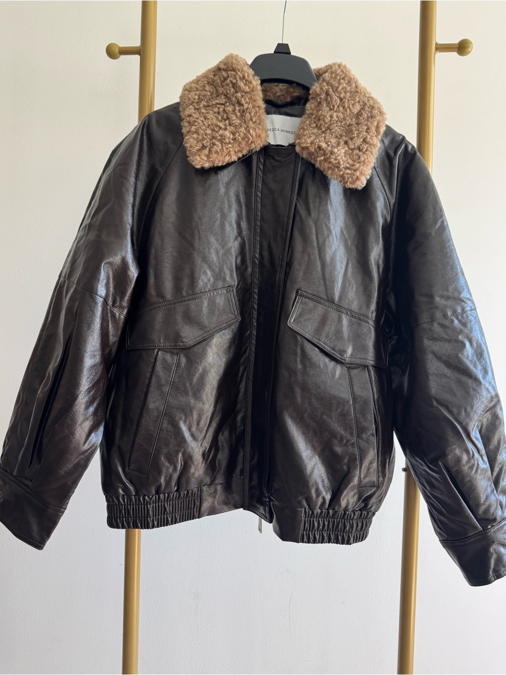 Rebecca Minkoff Brown Leather Bomber Jacket with Tan Shearling Collar